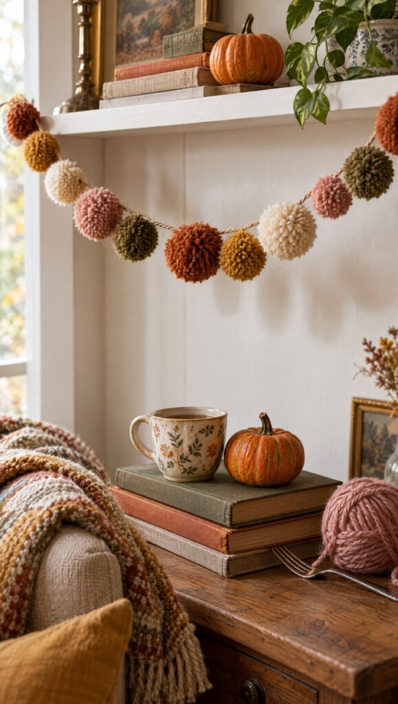 Wool pom-pom garland in fall colors