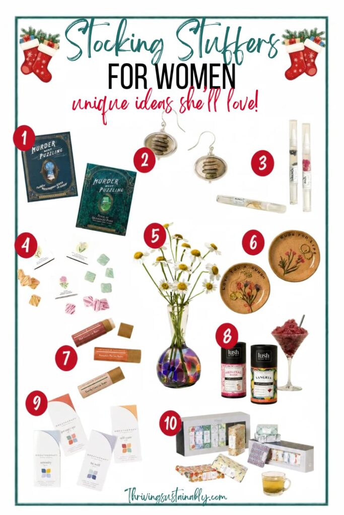 Stocking stuffers for women pin with 10 unique gift ideas she'll love, including a hand-blown glass vase, pressed-flower trinket dish and river stone earrings