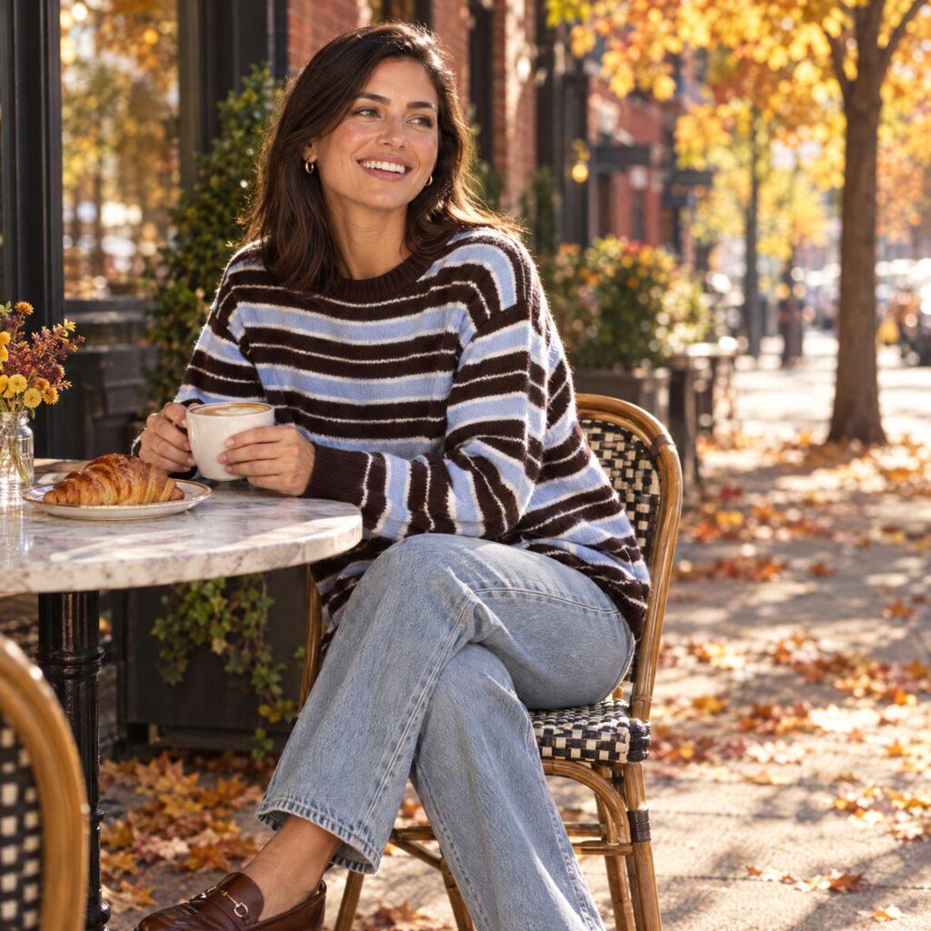 Woman in a brown and blue striped recycled cashmere sweater at a sidewalk cafe in the fall, one of the best sustainable sweaters