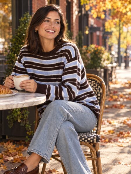 Woman in a brown and blue striped recycled cashmere sweater at a sidewalk cafe in the fall, one of the best sustainable sweaters
