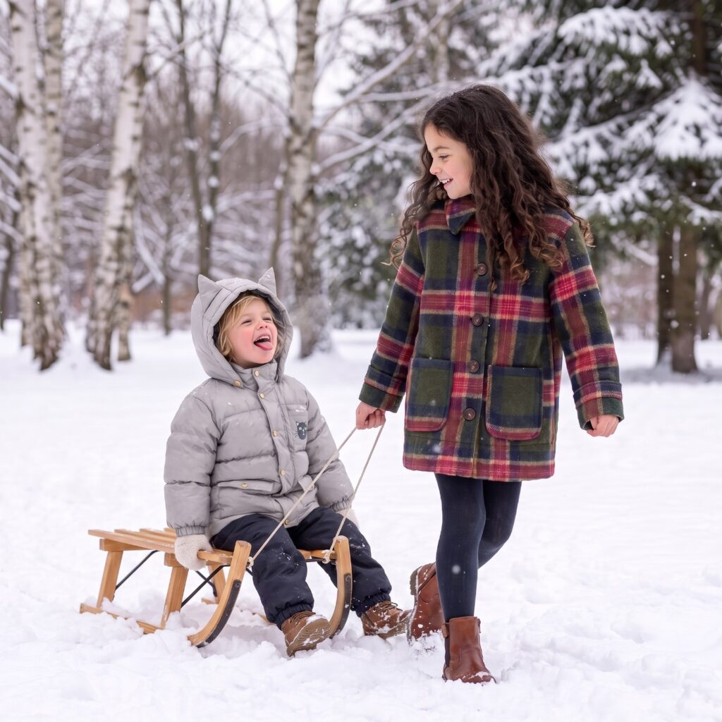 Best kids winter coats, a girl in a plaid wool coat pulling her little brother in a cat-ear puffer on a sled through the snow