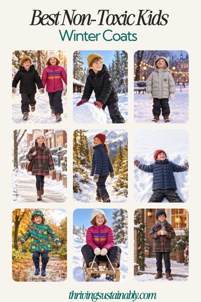 Best non-toxic kids winter coats Pinterest pin showing kids in PFAS-free coats in the snow