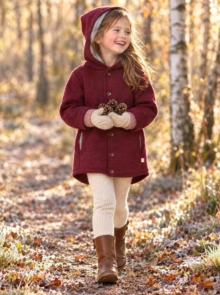 Girl walking a frosty woodland path in the Disana organic boiled wool jacket in cassis