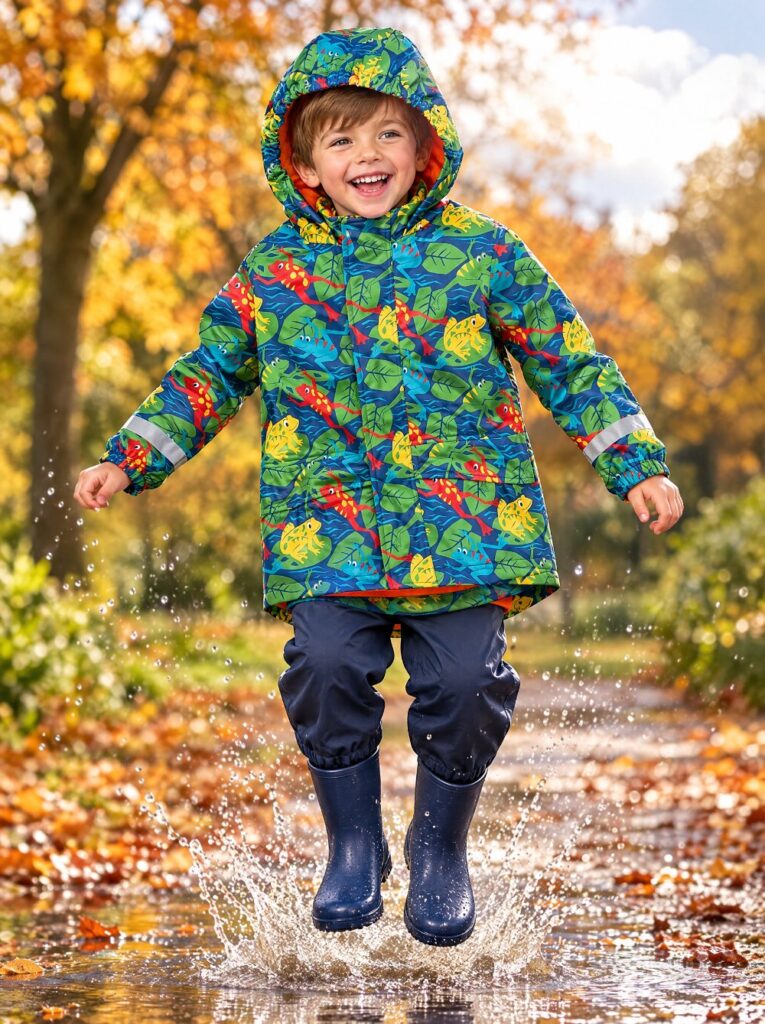 Boy splashing in a puddle in the Frugi Puddle Buster recycled kids rain coat