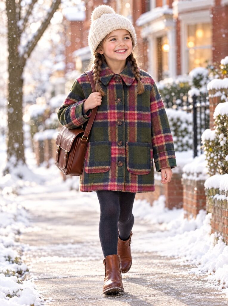 Girl walking to school in the Mini Boden Wool Check Coat in green check