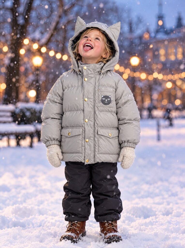 Child catching snowflakes in the Mini Rodini cat ears heavy puffer in grey