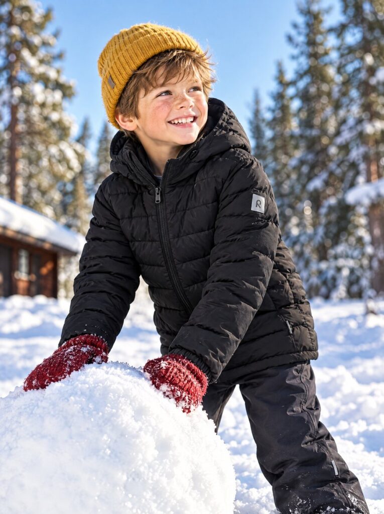 Boy building a snowman in the black Reima Uumaja PFAS-free kids winter jacket
