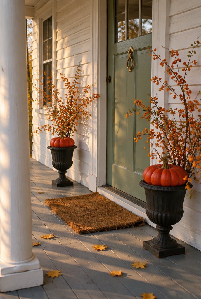 Thanksgiving front porch with a sage green door, brass knocker, black metal urns holding Cinderella pumpkins and orange berry branches, and a coir doormat