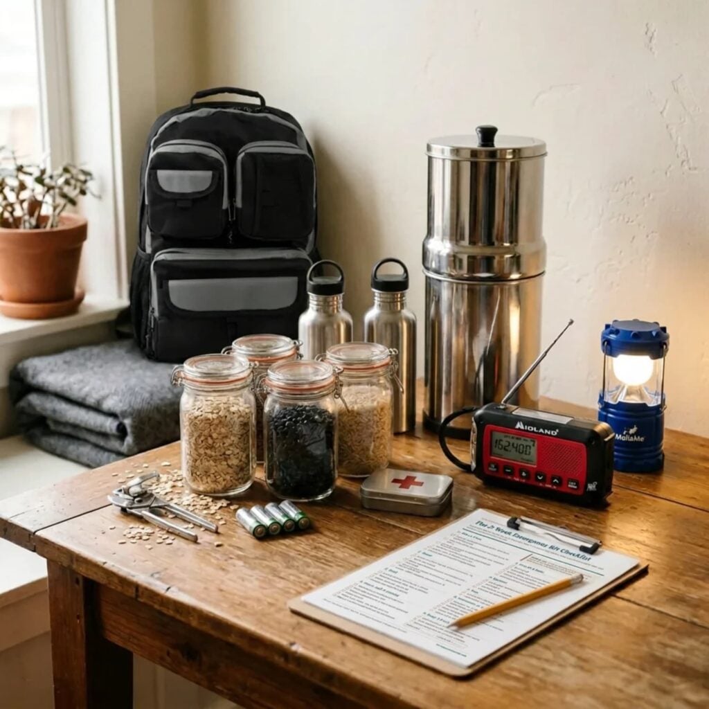 Low-plastic 72 hour emergency kit on a wooden table with a stainless steel gravity water filter, glass jars of oats and beans, a hand-crank emergency radio, an LED lantern, a first aid tin, and a black bug out bag