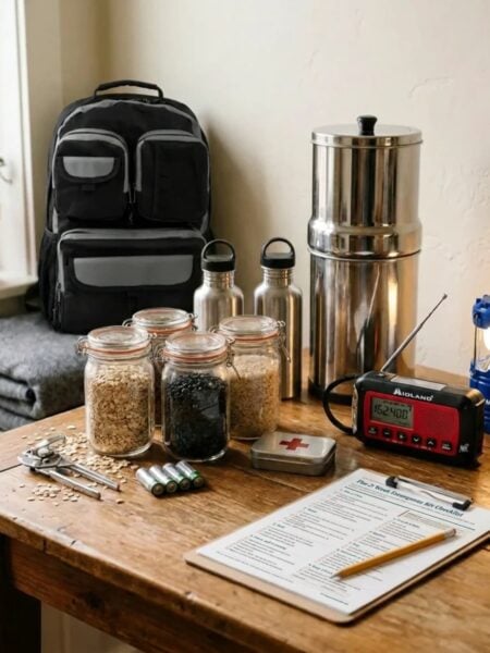 Low-plastic 72 hour emergency kit on a wooden table with a stainless steel gravity water filter, glass jars of oats and beans, a hand-crank emergency radio, an LED lantern, a first aid tin, and a black bug out bag