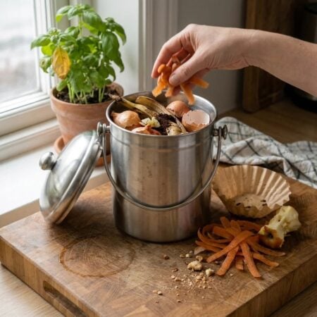 Best compost bins: a stainless steel countertop compost bin on a kitchen counter with fresh vegetable scraps