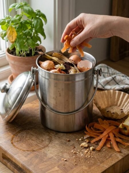 Best compost bins: a stainless steel countertop compost bin on a kitchen counter with fresh vegetable scraps