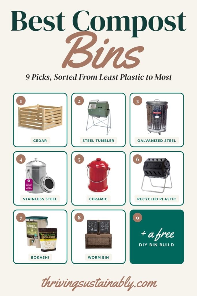 Best compost bins pin showing 8 compost bins numbered from least plastic to most: cedar, steel tumbler, galvanized steel, stainless steel, ceramic, recycled plastic, bokashi, and worm bin, plus a free DIY bin build