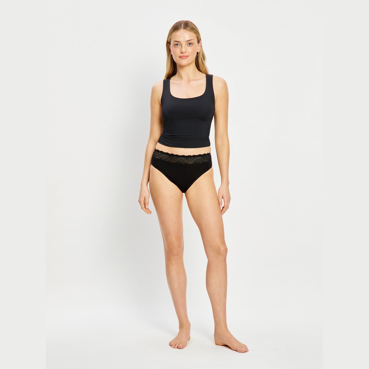 Modibodi Sensual Hi Waist Bikini period underwear in black with a lace waistband