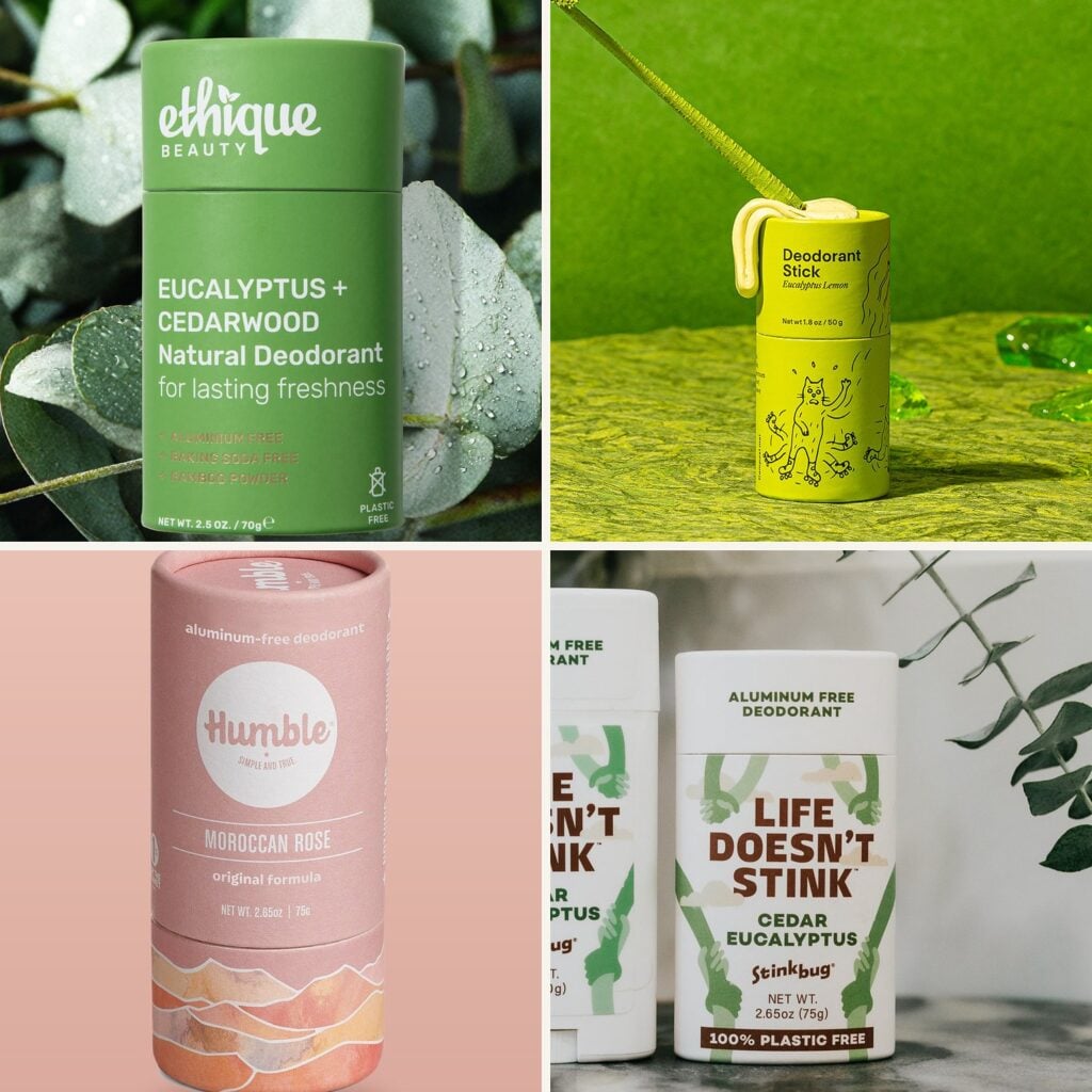 Best plastic free deodorant in cardboard tubes from Ethique, Meow Meow Tweet, Humble, and Stinkbug Naturals