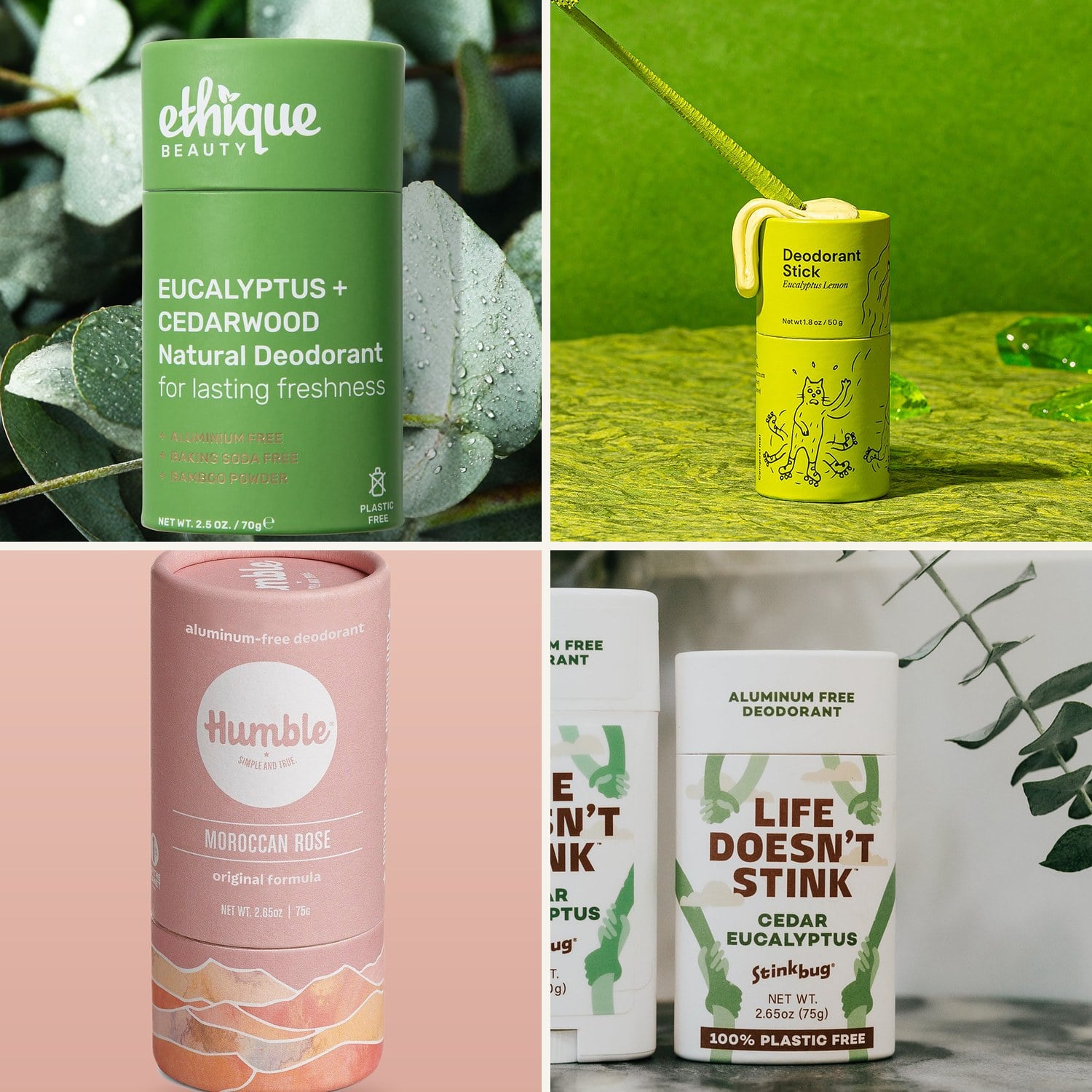 Best plastic free deodorant in cardboard tubes from Ethique, Meow Meow Tweet, Humble, and Stinkbug Naturals