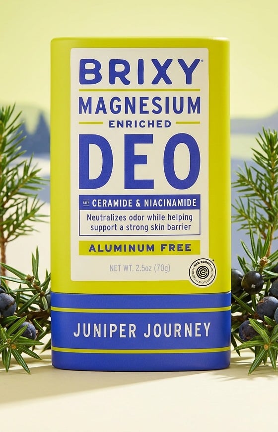 Brixy Magnesium Enriched Deo in Juniper Journey in a paper tube with juniper branches
