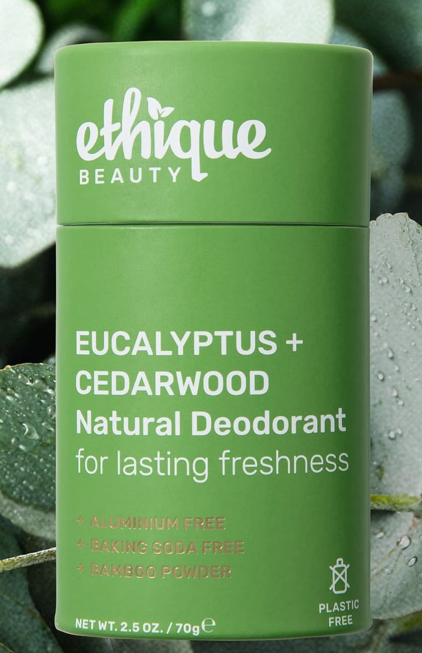 Ethique Eucalyptus and Cedarwood natural deodorant in a plastic free paper tube among eucalyptus leaves