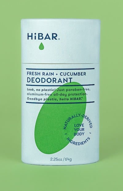 HiBAR Fresh Rain and Cucumber plastic free deodorant in a cardboard tube