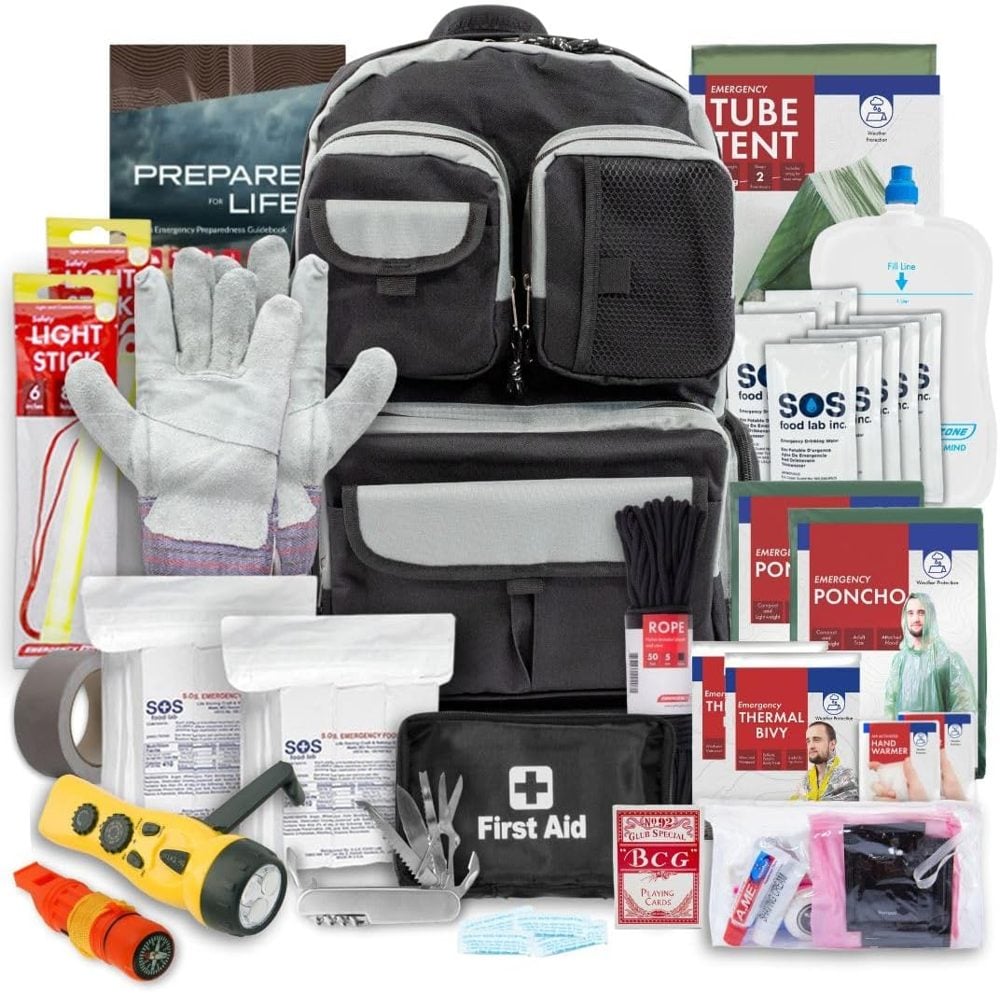 Emergency Zone 2-person bug out bag shown with its food, water, shelter, and first aid supplies