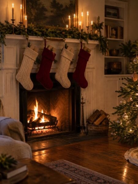 Cream and red cable-knit wool stockings hanging on a fireplace mantel next to a lit Christmas tree, ready for low-plastic stocking stuffer ideas