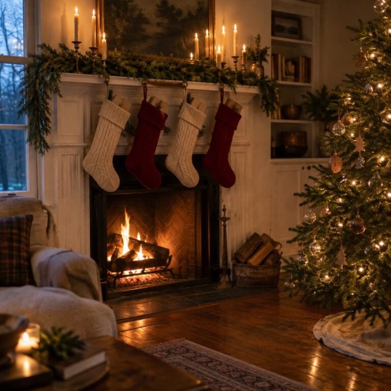 Cream and red cable-knit wool stockings hanging on a fireplace mantel next to a lit Christmas tree, ready for low-plastic stocking stuffer ideas