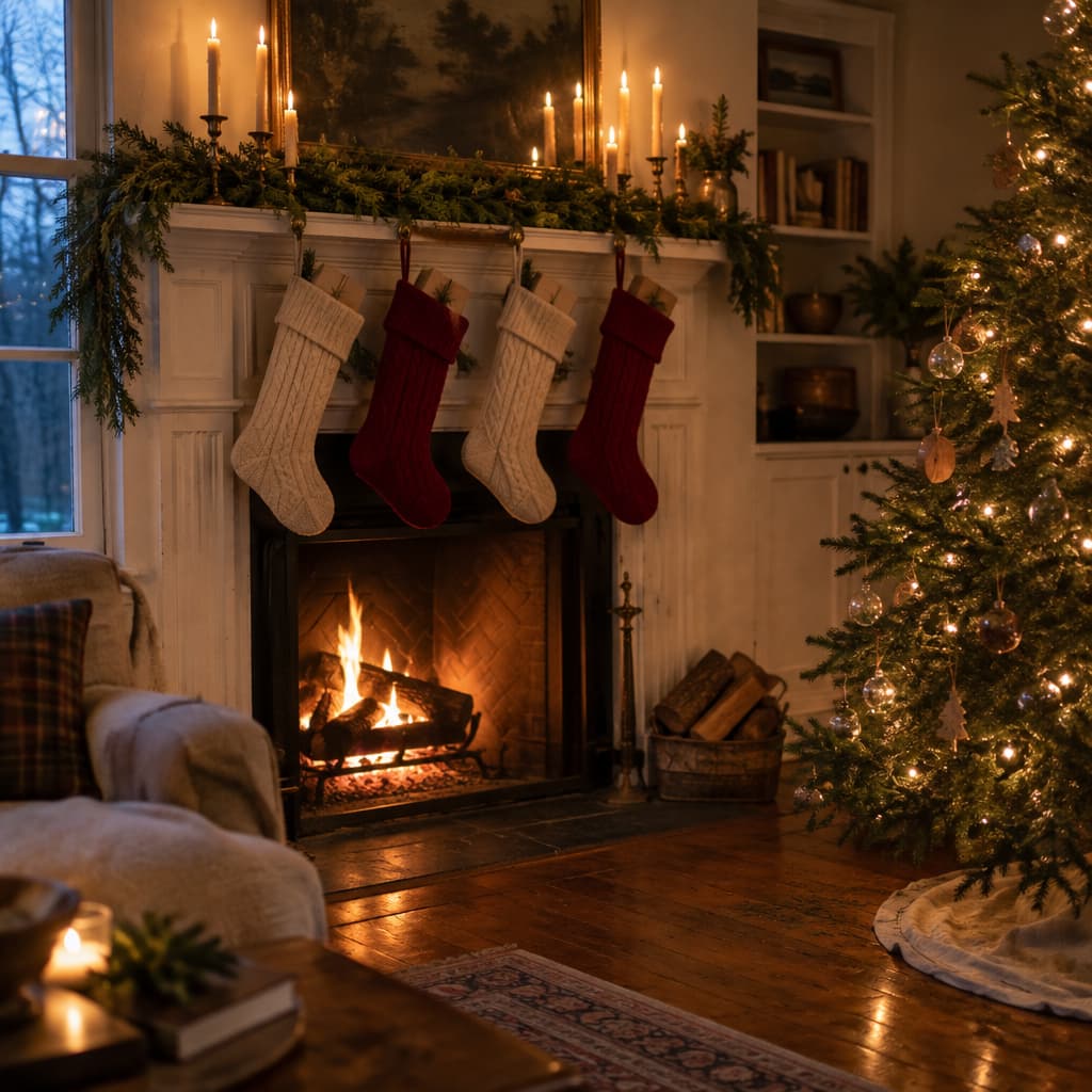 Cream and red cable-knit wool stockings hanging on a fireplace mantel next to a lit Christmas tree, ready for low-plastic stocking stuffer ideas