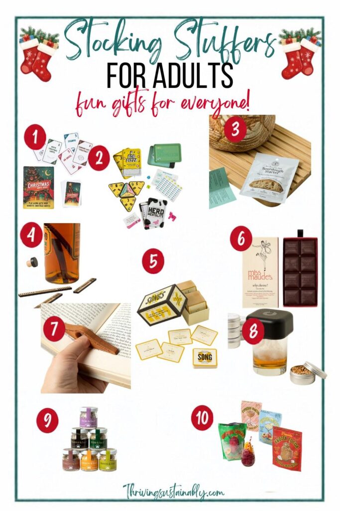 Stocking stuffers for adults pin with 10 fun gift ideas, including a Christmas movie game, a heritage sourdough starter and an electric cocktail smoker