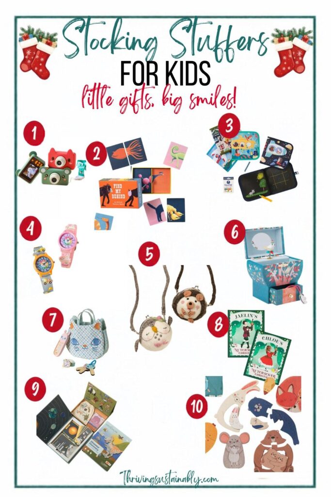 Stocking stuffers for kids pin with 10 gift ideas, including a felted wool animal purse, a singing nightingale music box and a personalized Nutcracker book