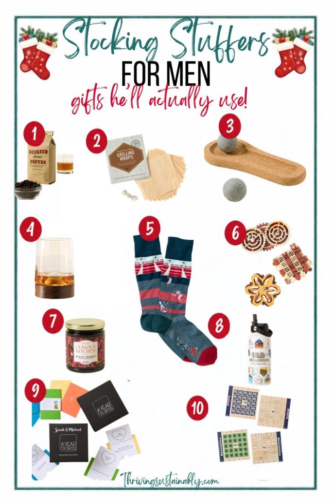 Stocking stuffers for men pin with 10 Uncommon Goods gift ideas he'll actually use, including bourbon-infused coffee, wood grilling wraps and a golf lover's whiskey glass