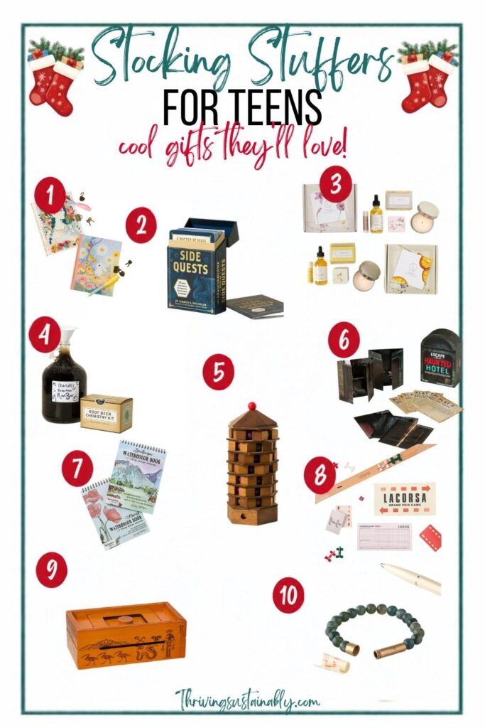 Stocking stuffers for teens pin with 10 gift ideas, including a locked journal with invisible ink, a wooden pagoda puzzle and a DIY root beer kit