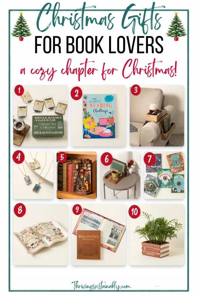 Christmas gifts for book lovers: 10 numbered picks including a book lovers tea box, reading challenge, acacia couch caddy, book necklace and a DIY library bookend