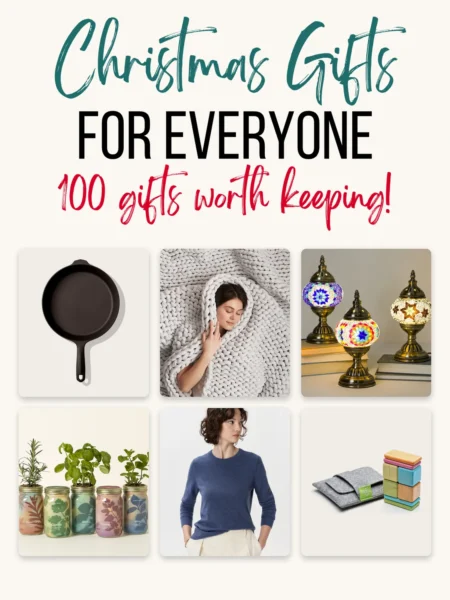 Eco-friendly Christmas gifts for everyone: a cast iron skillet, chunky knit weighted blanket, Turkish mosaic lamps, mason jar herb garden, cashmere sweater and Tegu magnetic wooden blocks