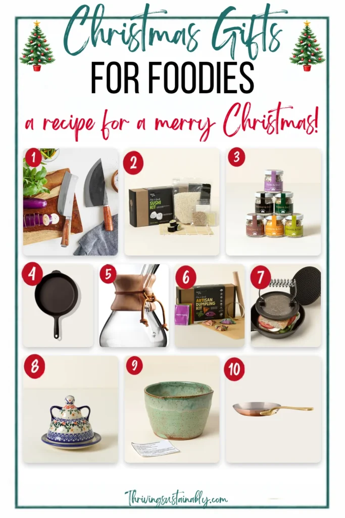 Christmas gifts for foodies: 10 numbered eco-friendly kitchen gifts including Thai chef knives, a sushi kit, Salts of Italy, a cast iron skillet, a Chemex, a dumpling kit, a grill press, a Polish pottery keeper, a bread baker and a copper pan