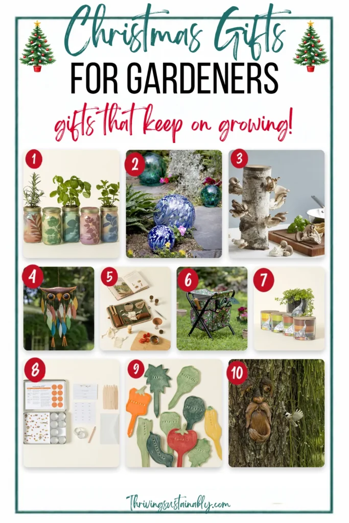 Christmas gifts for gardeners: 10 numbered eco-friendly picks including a mason jar herb garden, solar glass garden globes, oyster mushroom kit, seed saving kits and ceramic plant markers