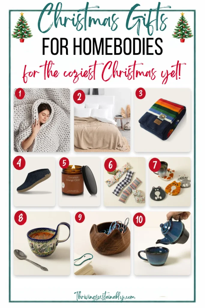 Cozy Christmas gifts for homebodies: 10 numbered eco-friendly picks including a cotton knit weighted blanket, linen waffle blanket, Pendleton wool blanket, wool slippers, beeswax candle and handmade ceramics