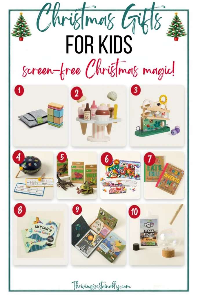 Eco-friendly Christmas gifts for kids: 10 numbered screen-free picks including Tegu magnetic wooden blocks, a wooden ice cream stand, ball track, steel tongue drum and frozen bubbles kit