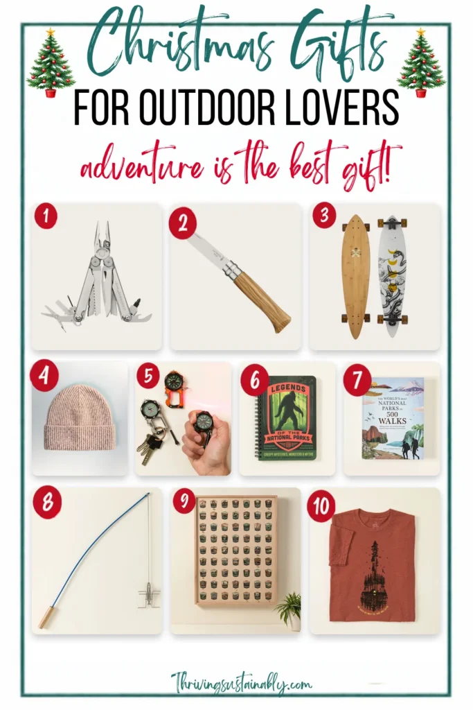 Christmas gifts for outdoor lovers: 10 numbered eco-friendly picks including a Leatherman Wave+, Opinel olive wood knife, bamboo longboard, cashmere beanie and national parks books