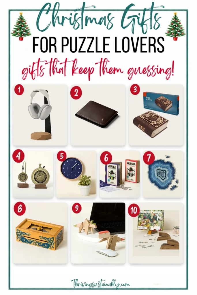 Christmas gifts for puzzle lovers and geeks: 10 numbered eco-friendly picks including a wood headphone stand, leather wallet, UGEARS Book of Secrets, moon phase clock and a birch geode puzzle